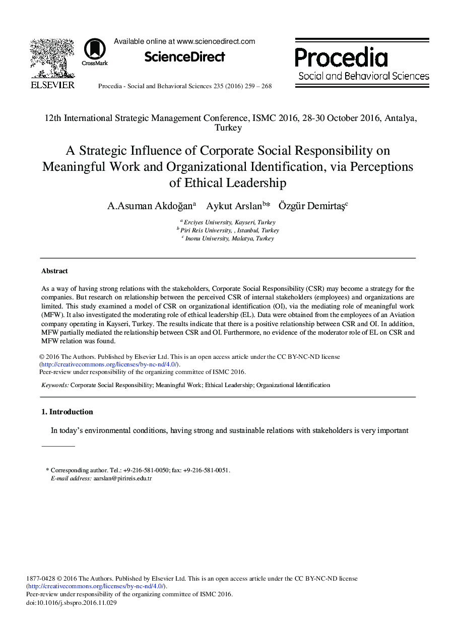 A Strategic Influence of Corporate Social Responsibility on Meaningful Work and Organizational Identification, via Perceptions of Ethical Leadership