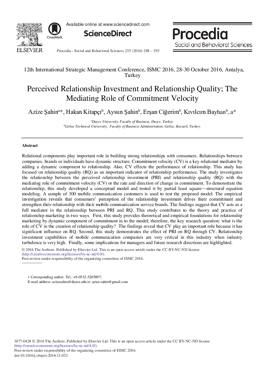 Perceived Relationship Investment and Relationship Quality; The Mediating Role of Commitment Velocity