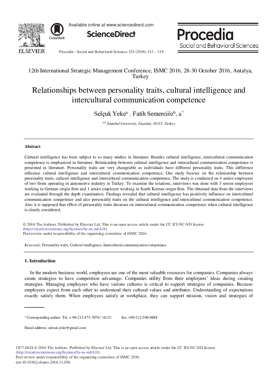 Relationships Between Personality Traits, Cultural Intelligence and Intercultural Communication Competence