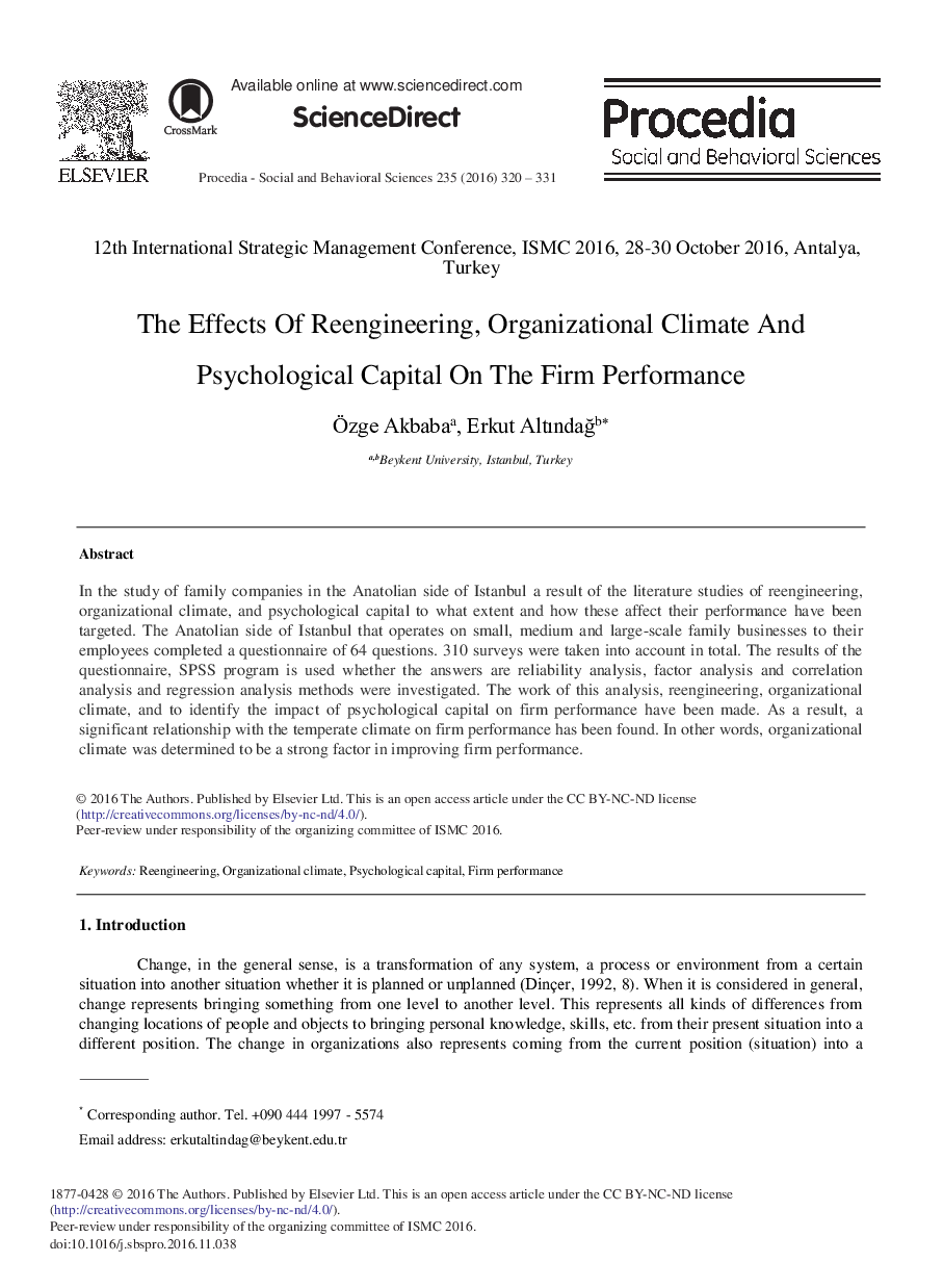 The Effects of Reengineering, Organizational Climate and Psychological Capital on the Firm Performance