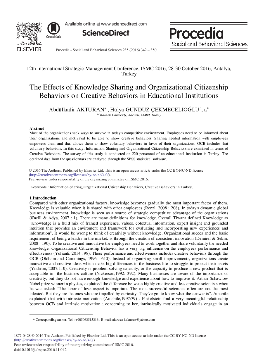 The Effects of Knowledge Sharing and Organizational Citizenship Behaviors on Creative Behaviors in Educational Institutions