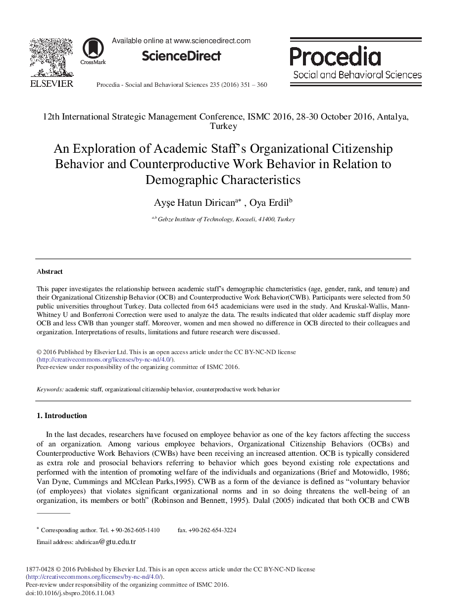 An Exploration of Academic Staff's Organizational Citizenship Behavior and Counterproductive Work Behavior in Relation to Demographic Characteristics