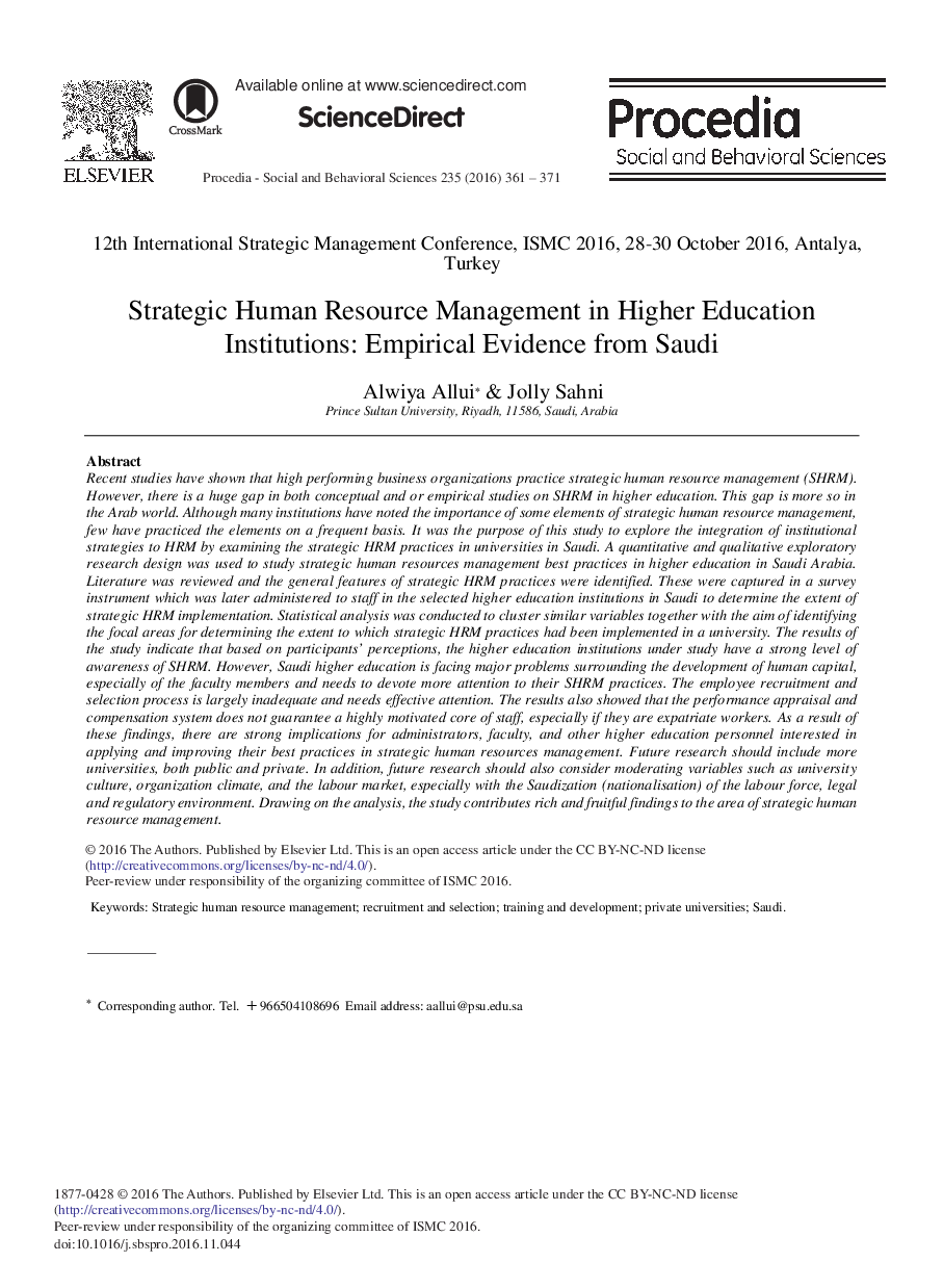 Strategic Human Resource Management in Higher Education Institutions: Empirical Evidence from Saudi