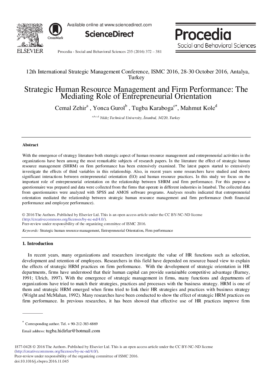 Strategic Human Resource Management and Firm Performance: The Mediating Role of Entrepreneurial Orientation