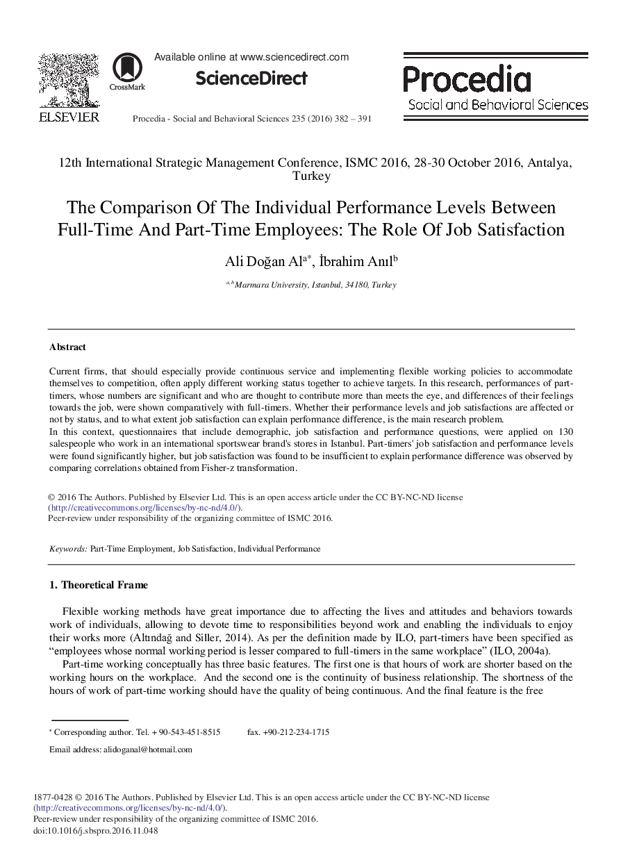 The Comparison of the Individual Performance Levels Between Full-time and Part-time Employees: The Role of Job Satisfaction