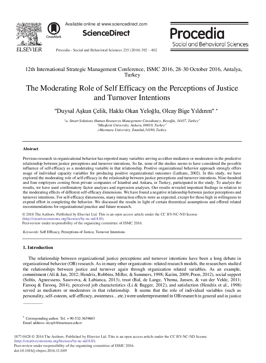 The Moderating Role of Self Efficacy on the Perceptions of Justice and Turnover Intentions