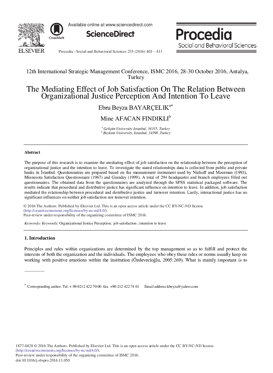 The Mediating Effect of Job Satisfaction on the Relation Between Organizational Justice Perception and Intention to Leave