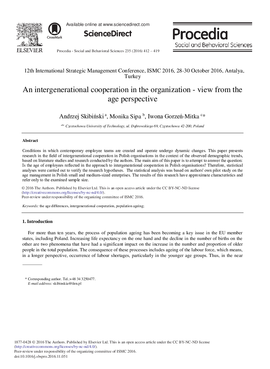 An Intergenerational Cooperation in the Organization - View from the Age Perspective