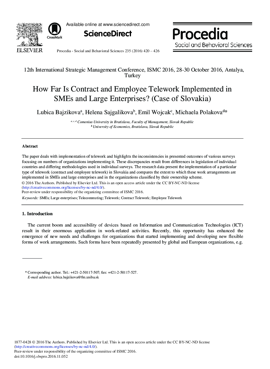 How Far is Contract and Employee Telework Implemented in SMEs and Large Enterprises? (Case of Slovakia)