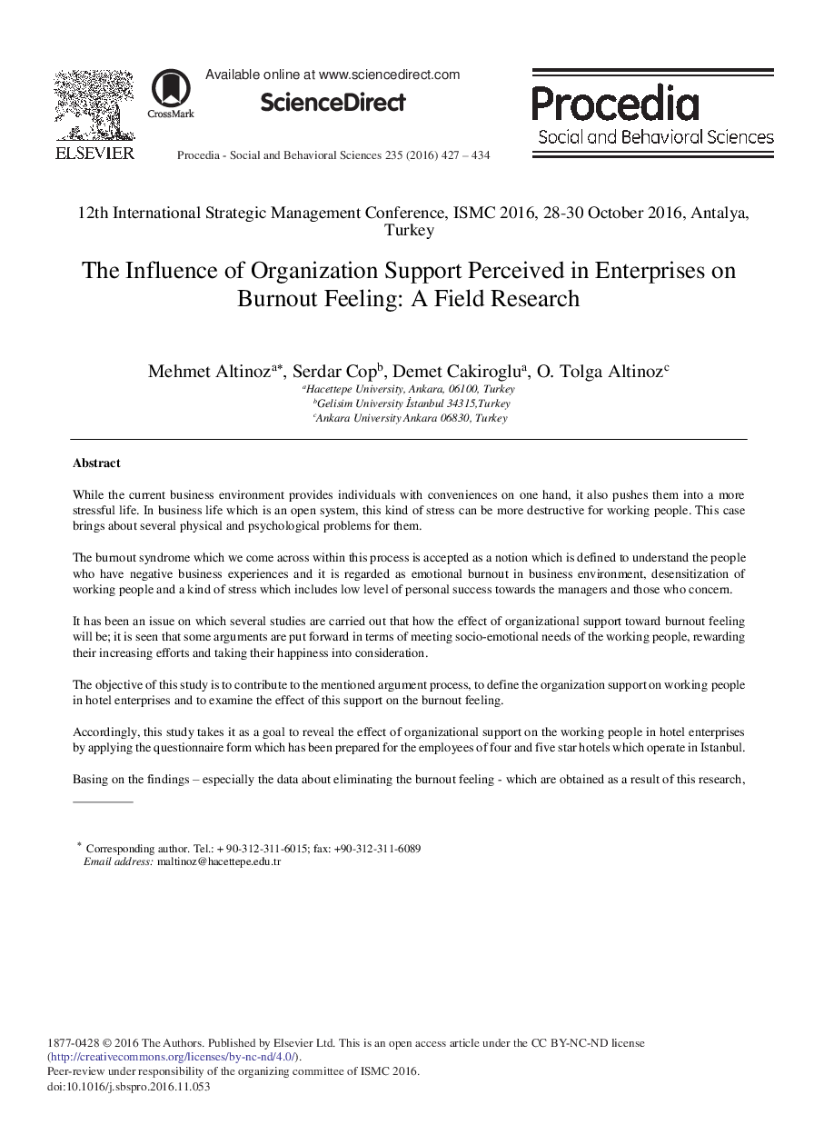 The Influence of Organization Support Perceived in Enterprises on Burnout Feeling: A Field Research