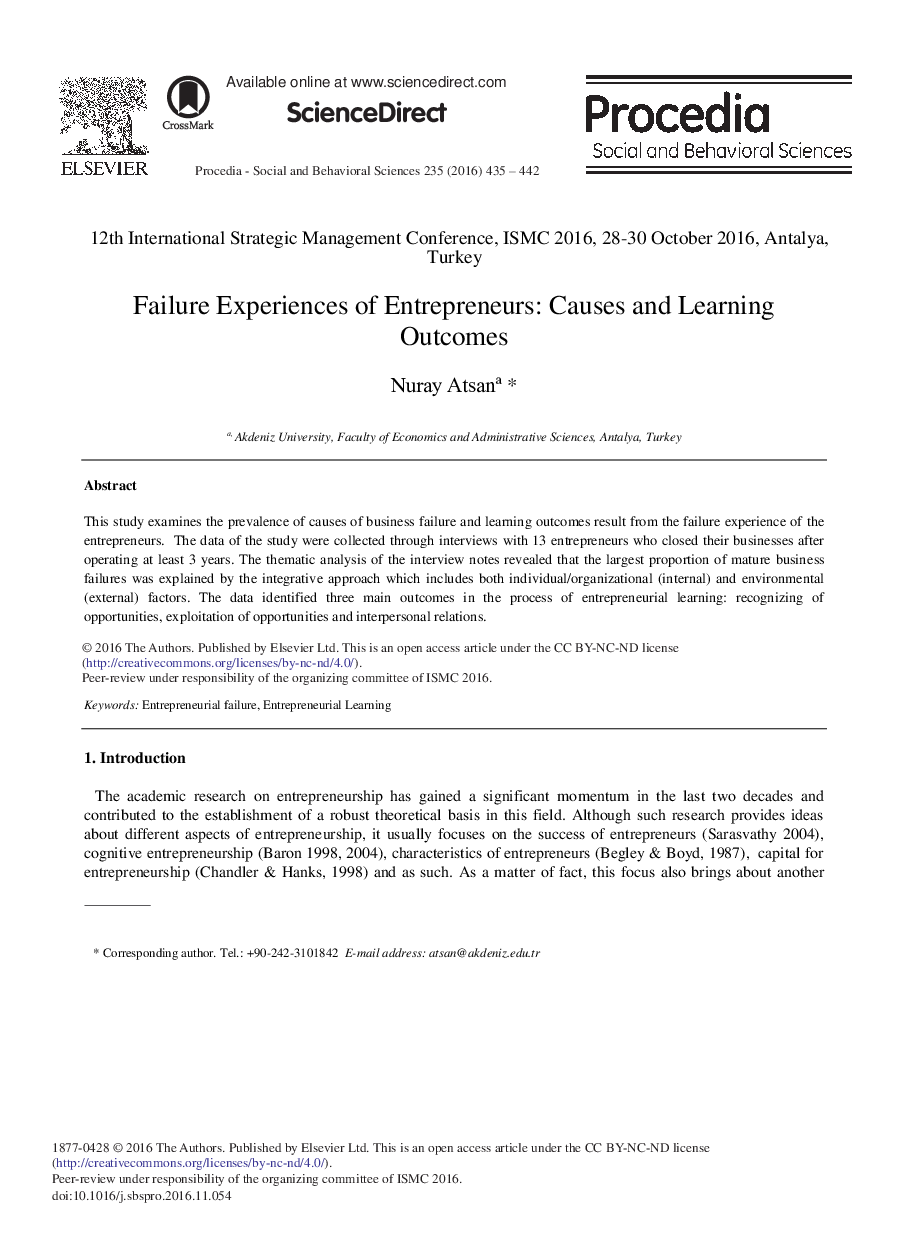 Failure Experiences of Entrepreneurs: Causes and Learning Outcomes