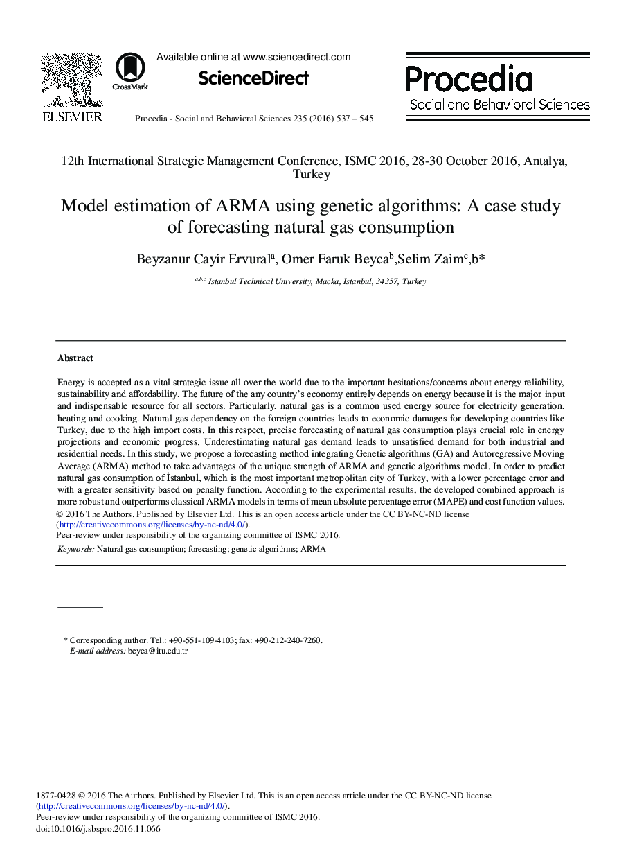 Model Estimation of ARMA Using Genetic Algorithms: A Case Study of Forecasting Natural Gas Consumption