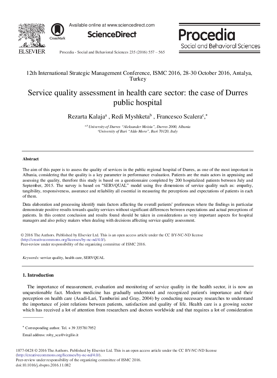 Service Quality Assessment in Health Care Sector: The Case of Durres Public Hospital