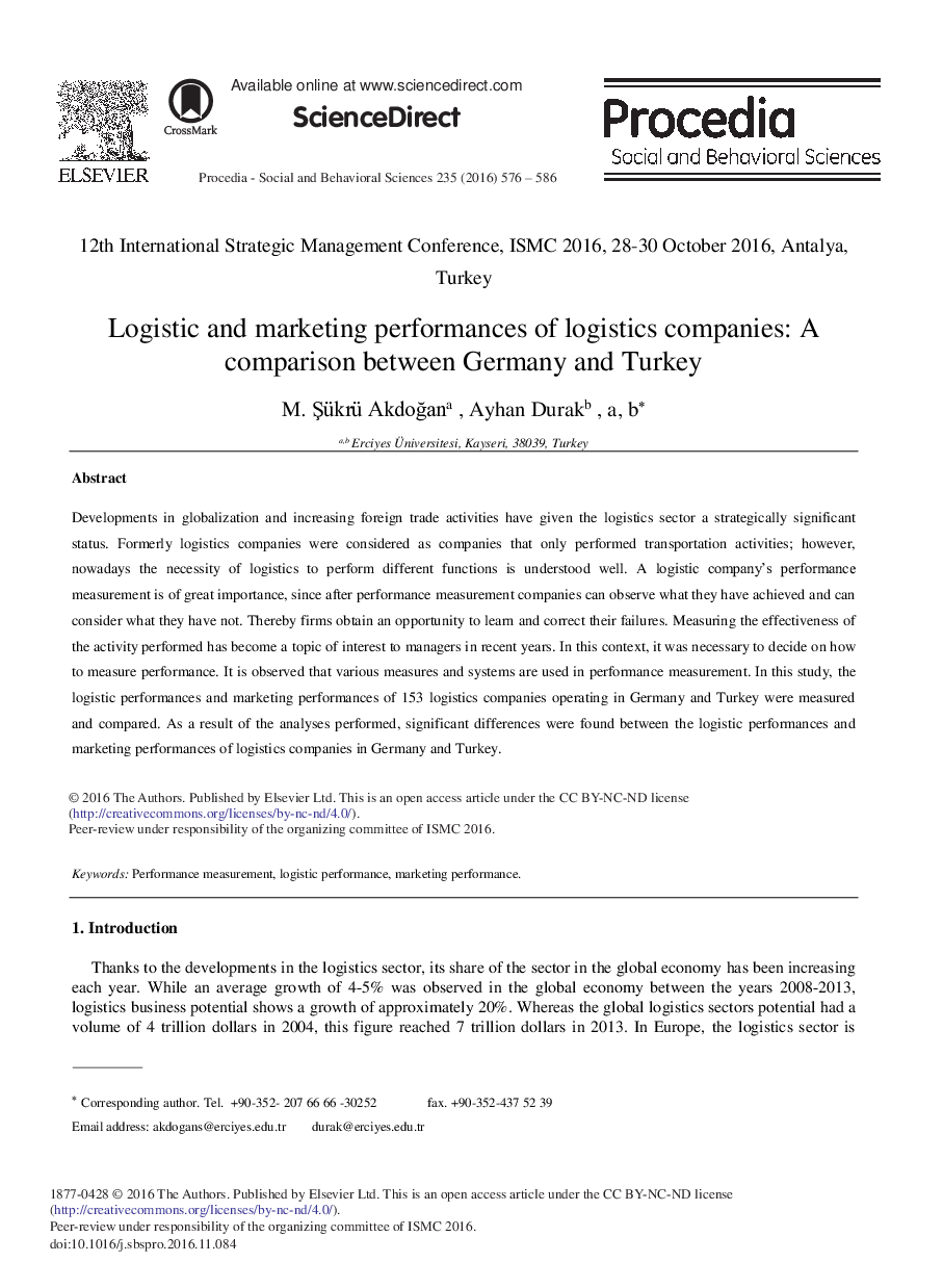 Logistic and Marketing Performances of Logistics Companies: A Comparison between Germany and Turkey