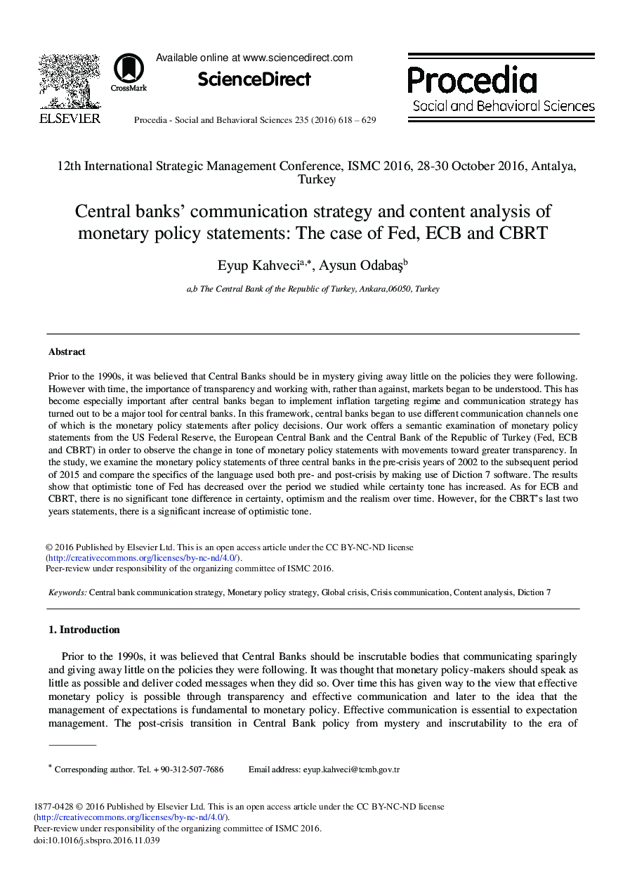 Central Banks' Communication Strategy and Content Analysis of Monetary Policy Statements: The Case of Fed, ECB and CBRT