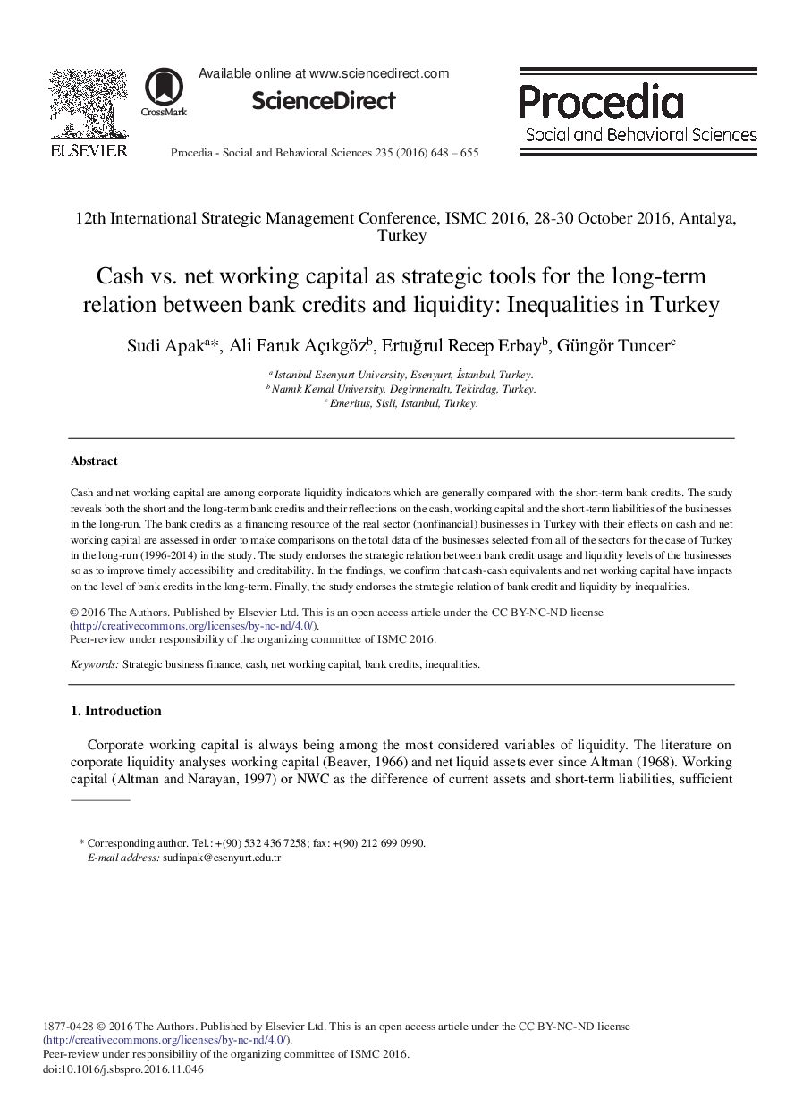 Cash vs. Net Working Capital as Strategic Tools for the Long-term Relation between Bank Credits and Liquidity: Inequalities in Turkey