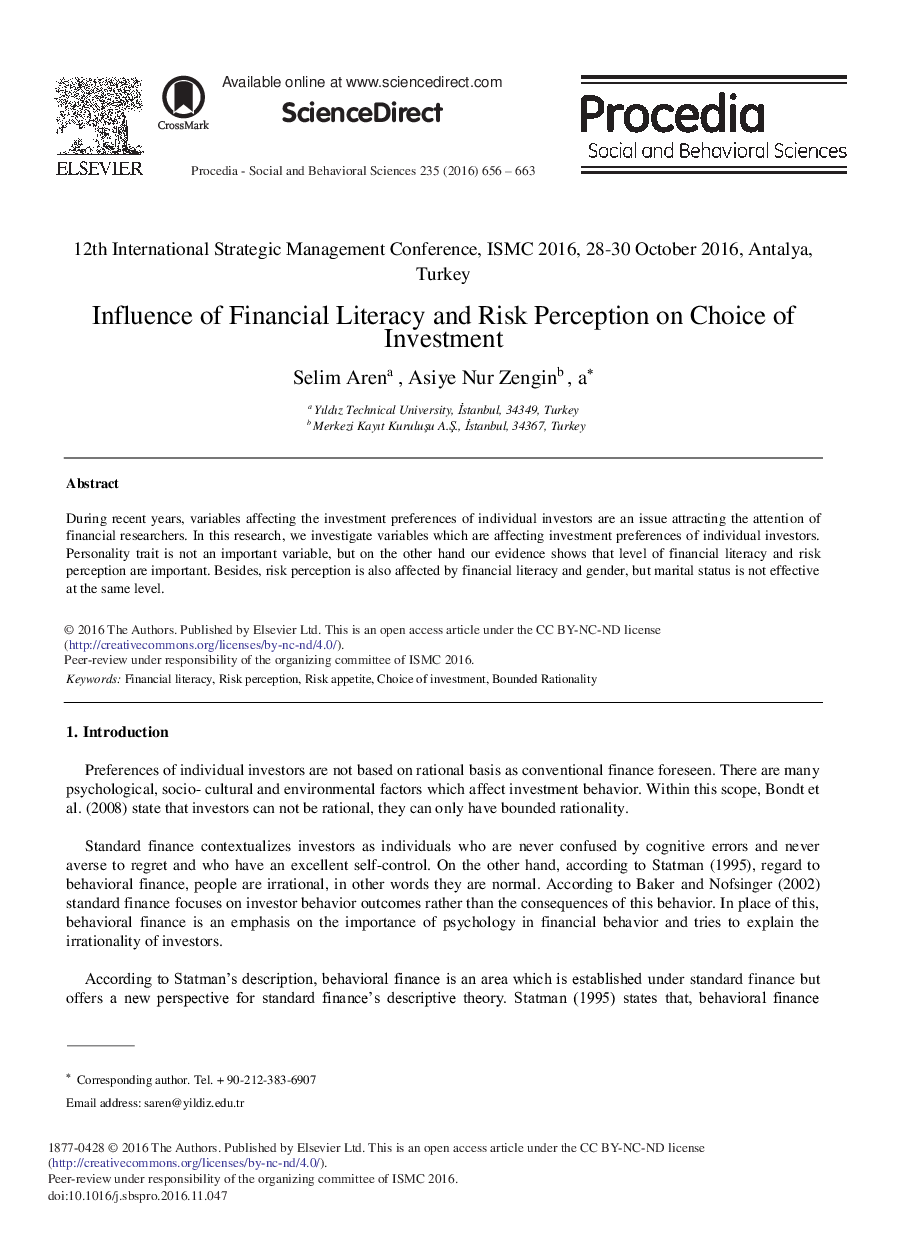 Influence of Financial Literacy and Risk Perception on Choice of Investment