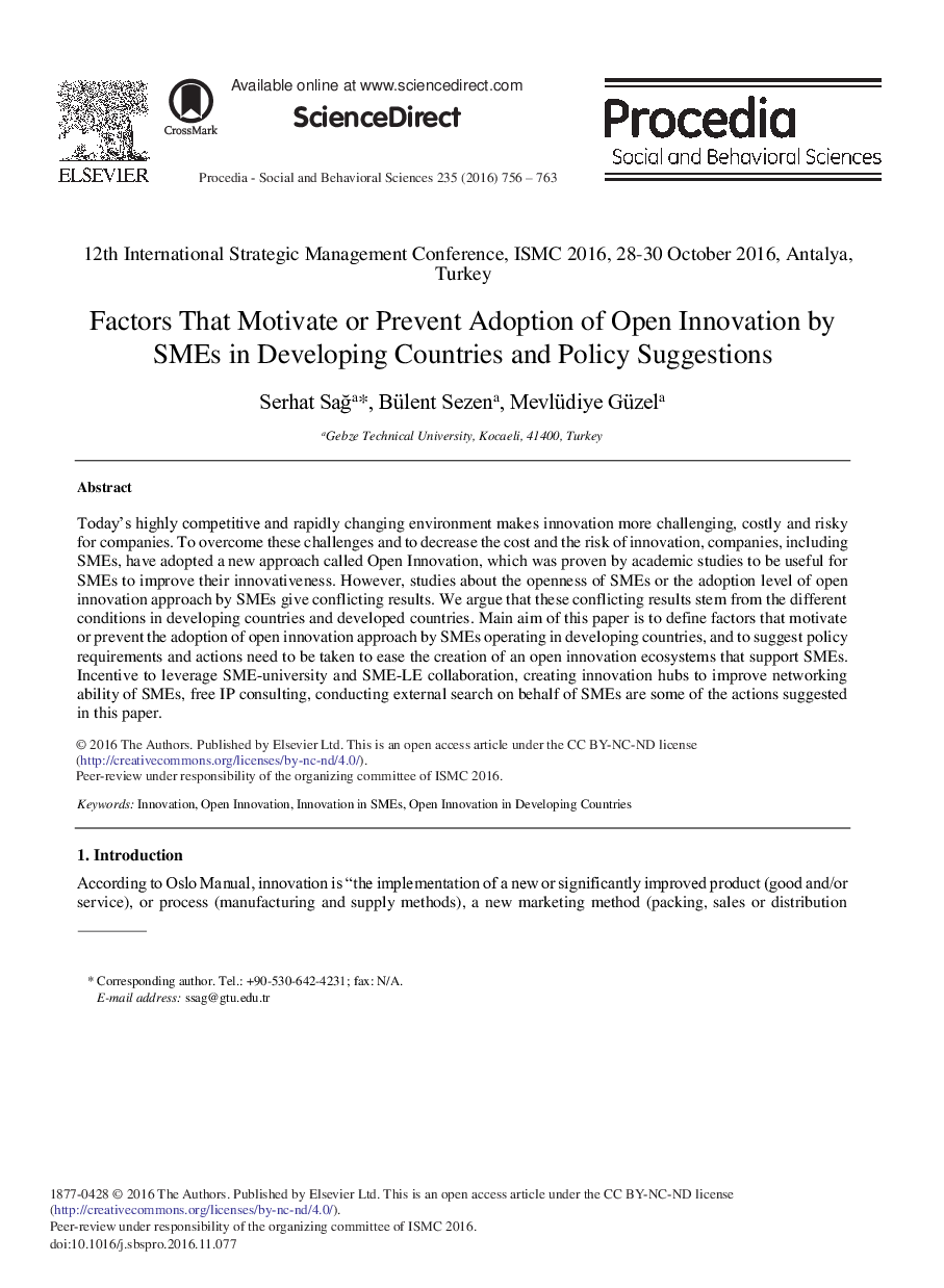 Factors That Motivate or Prevent Adoption of Open Innovation by SMEs in Developing Countries and Policy Suggestions