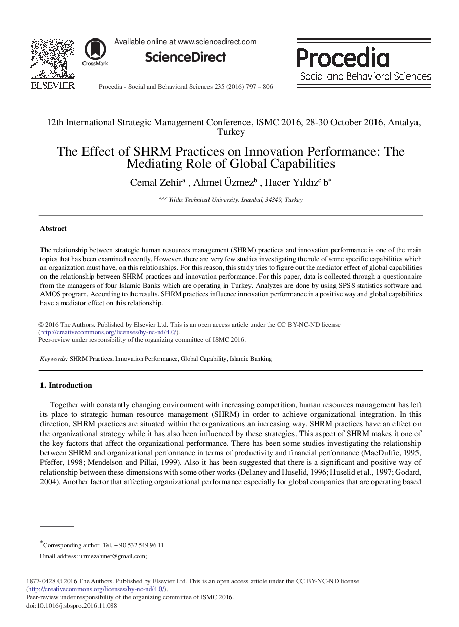 The Effect of SHRM Practices on Innovation Performance: The Mediating Role of Global Capabilities