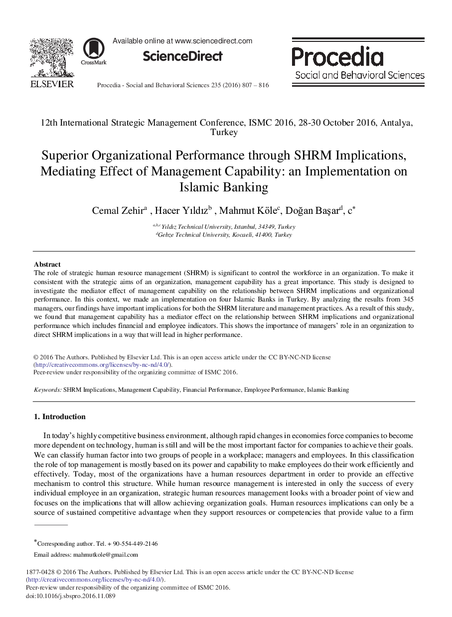 Superior Organizational Performance through SHRM Implications, Mediating Effect of Management Capability: An Implementation on Islamic Banking