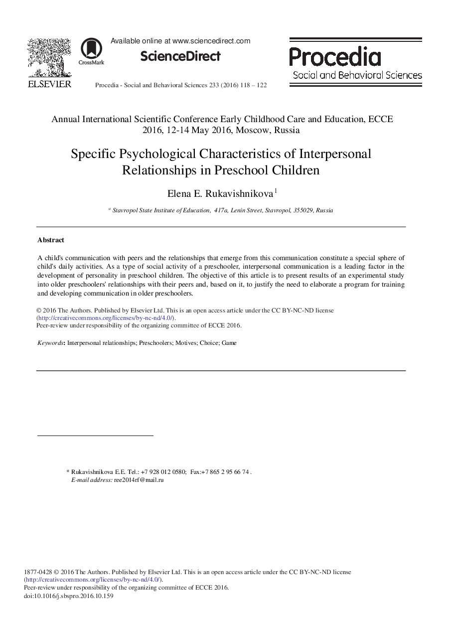 Specific Psychological Characteristics of Interpersonal Relationships in Preschool Children