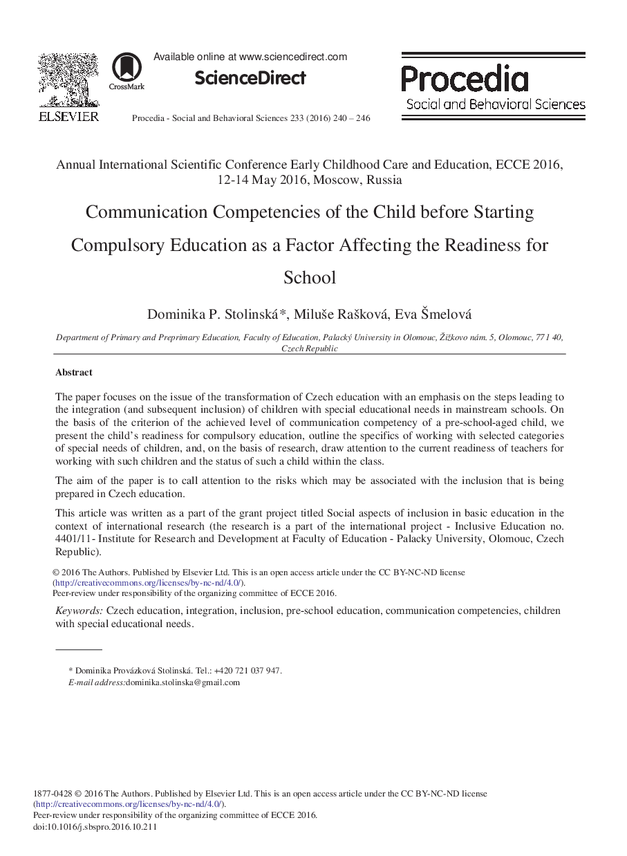 Communication Competencies of the Child before Starting Compulsory Education as a Factor Affecting the Readiness for School