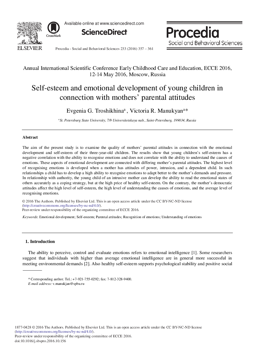 Self-esteem and Emotional Development of Young Children in Connection with Mothers' Parental Attitudes