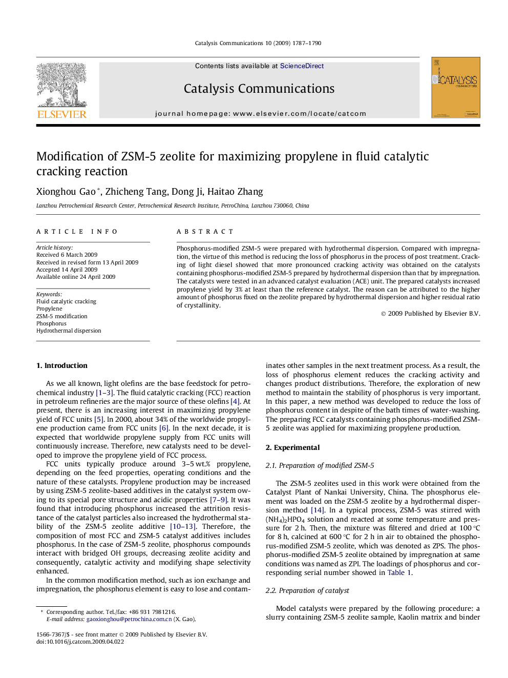 Modification of ZSM-5 zeolite for maximizing propylene in fluid catalytic cracking reaction
