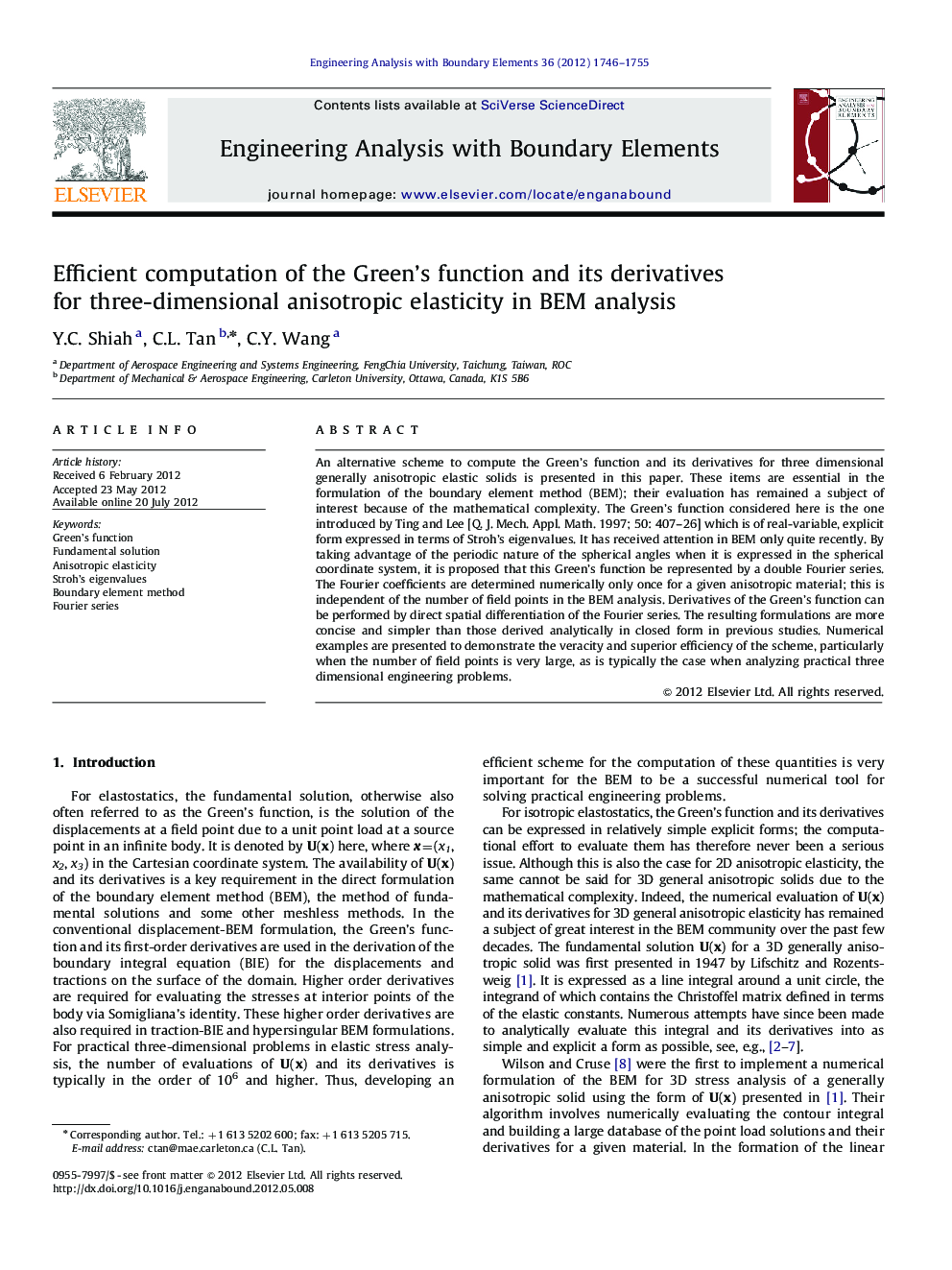 Efficient computation of the Green's function and its derivatives for three-dimensional anisotropic elasticity in BEM analysis