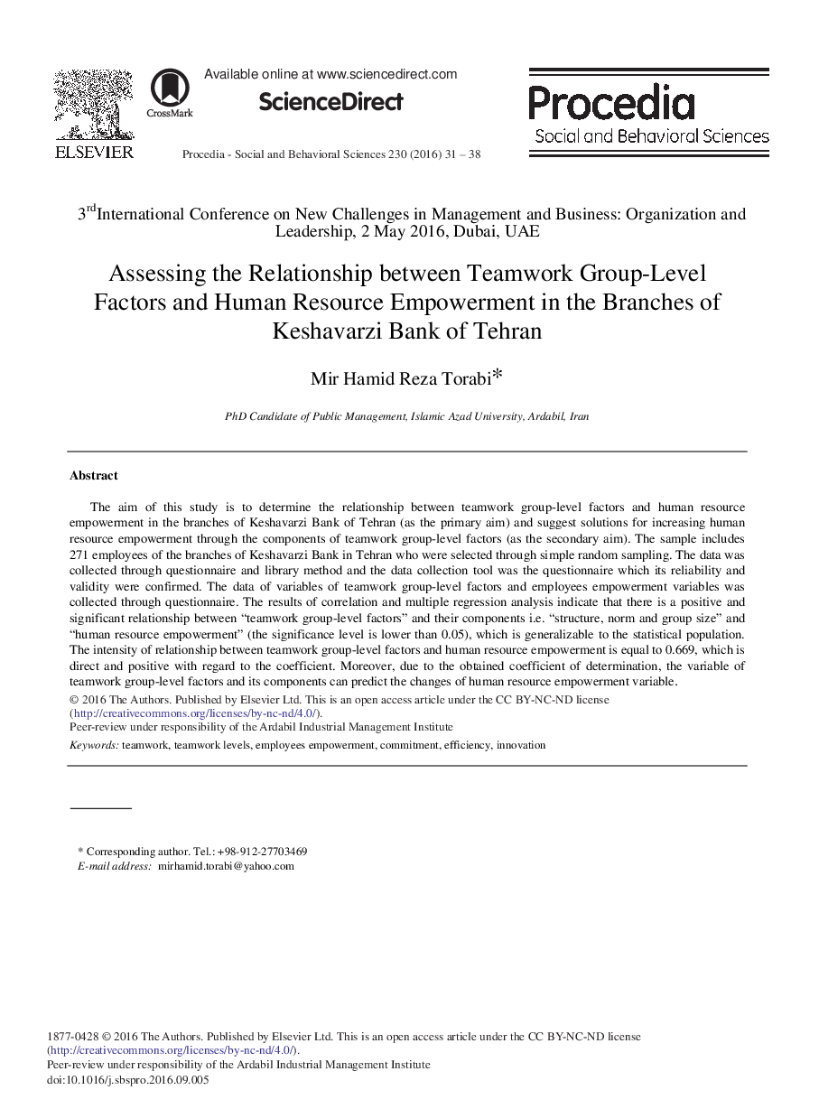 Assessing the Relationship between Teamwork Group-level Factors and Human Resource Empowerment in the Branches of Keshavarzi Bank of Tehran