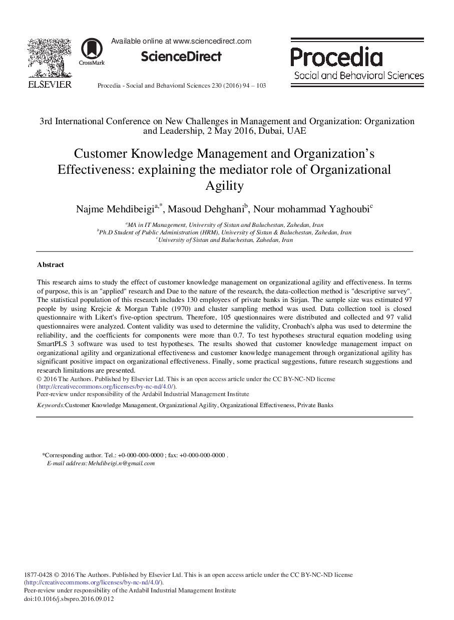 Customer Knowledge Management and Organization's Effectiveness: Explaining the Mediator Role of Organizational Agility