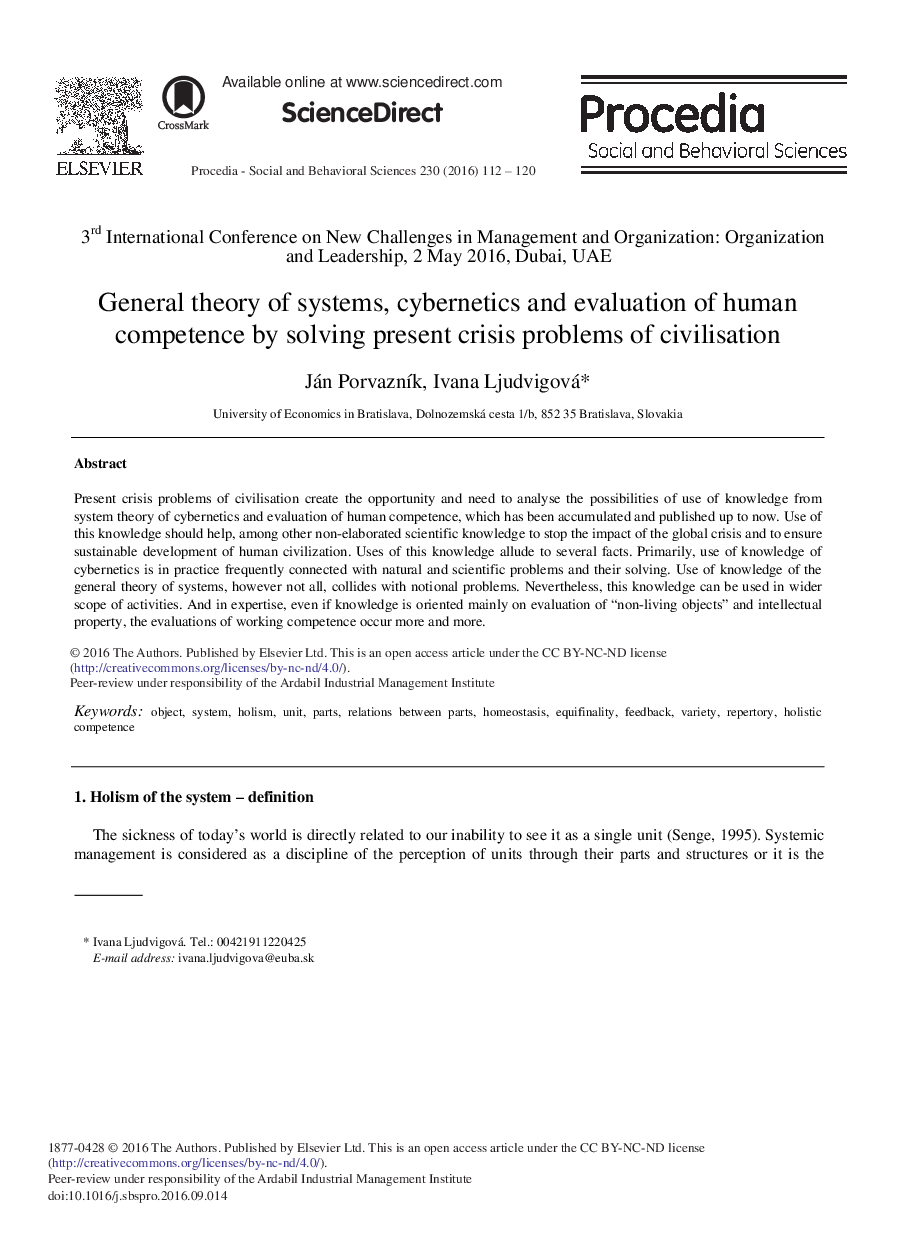 General Theory of Systems, Cybernetics and Evaluation of Human Competence by Solving Present Crisis Problems of Civilisation