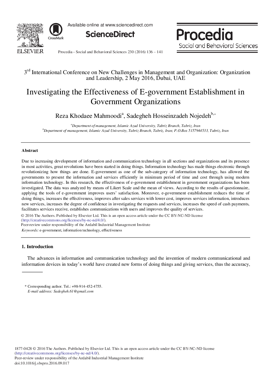 Investigating the Effectiveness of E-government Establishment in Government Organizations