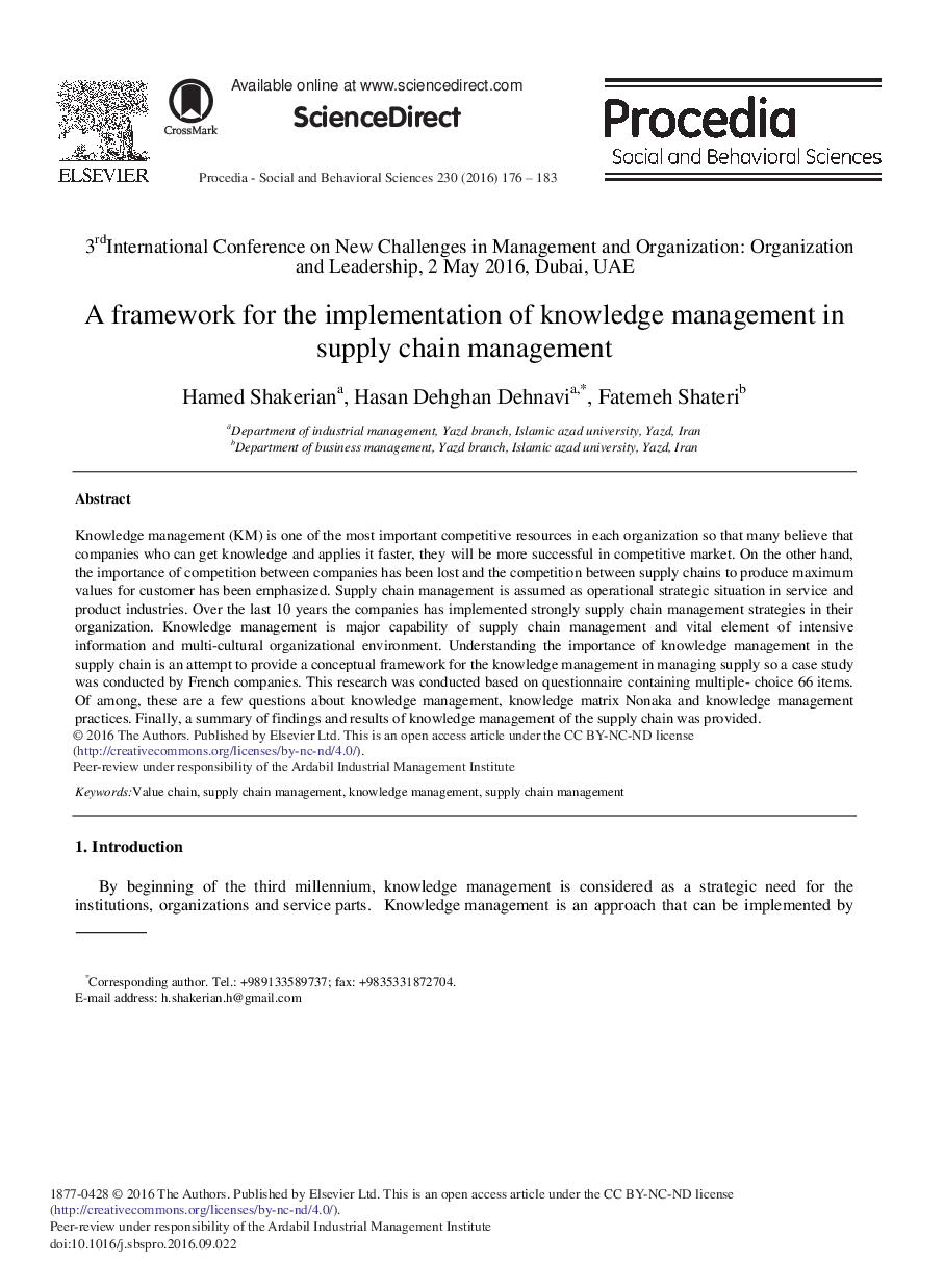 A Framework for the Implementation of Knowledge Management in Supply Chain Management