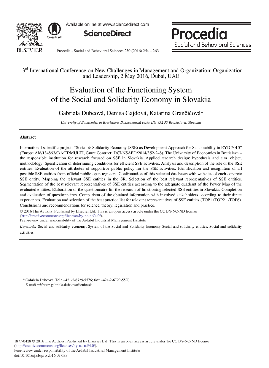 Evaluation of the Functioning System of the Social and Solidarity Economy in Slovakia