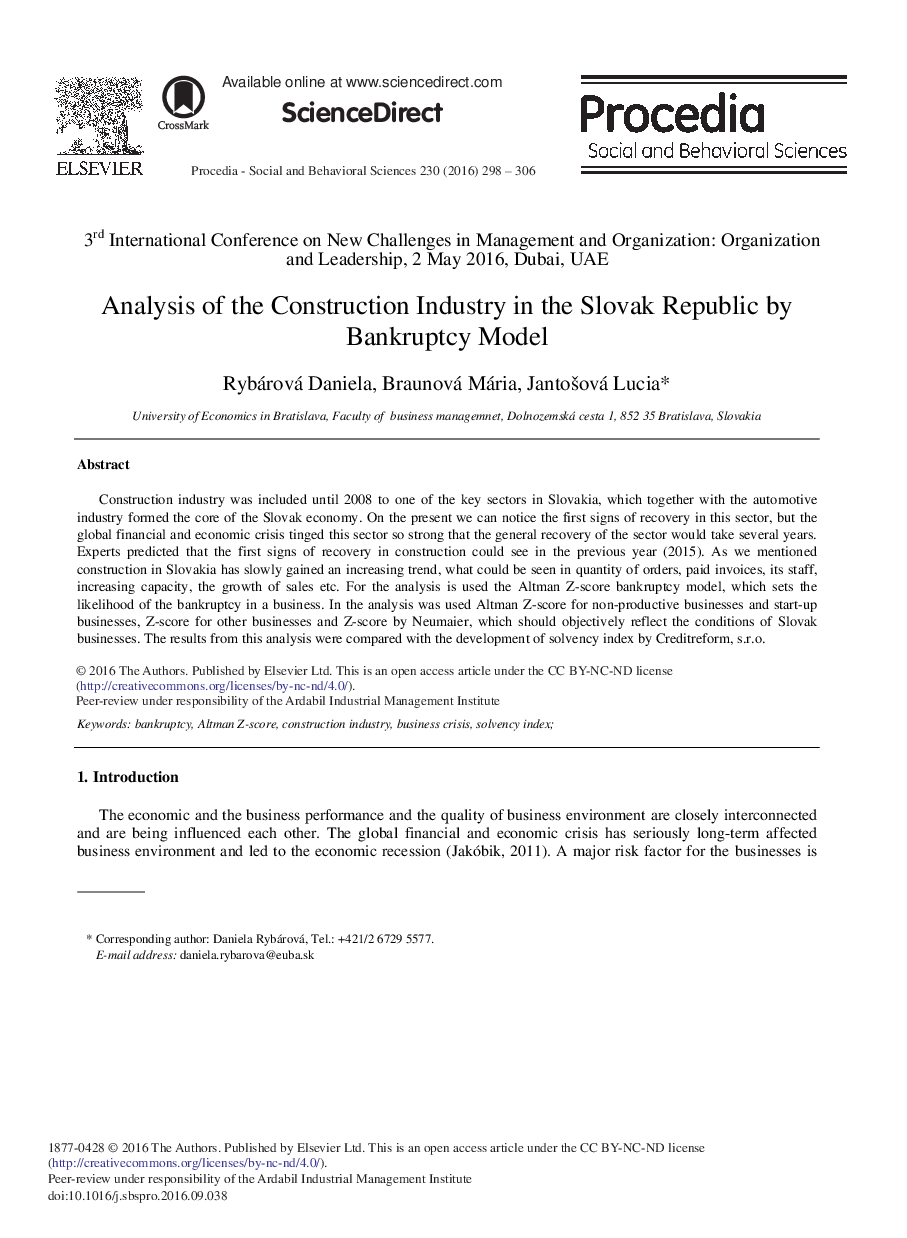 تجزیه و تحلیل صنعت ساخت و ساز در جمهوری اسلواکی از طریق مدل ورشکستگی 