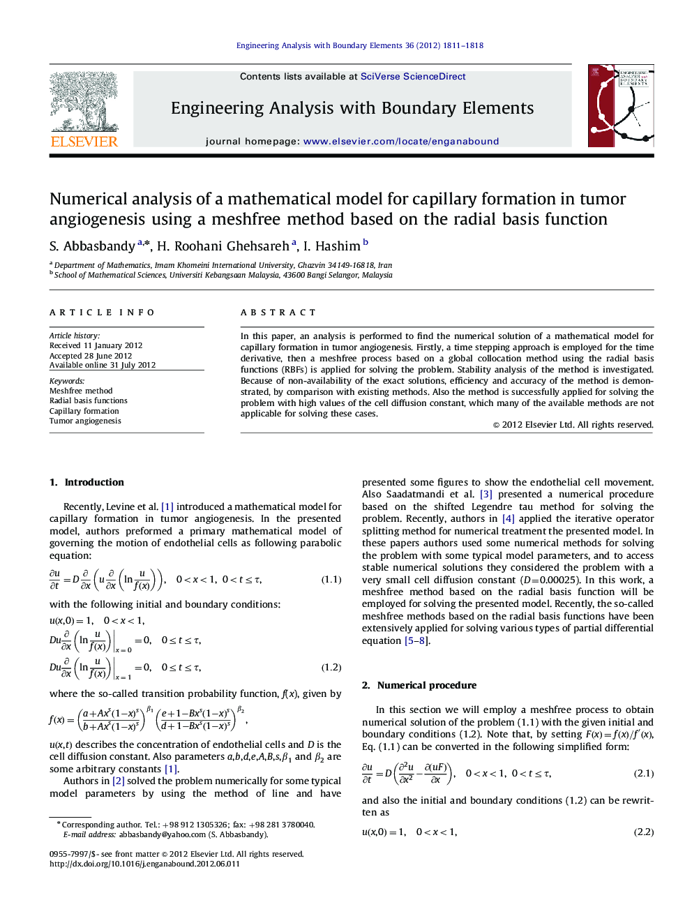 Numerical analysis of a mathematical model for capillary formation in tumor angiogenesis using a meshfree method based on the radial basis function