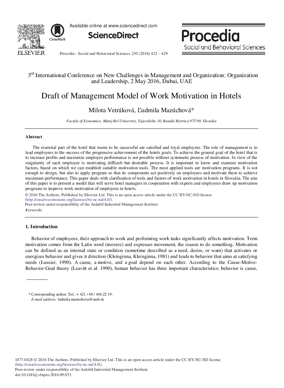 Draft of Management Model of Work Motivation in Hotels