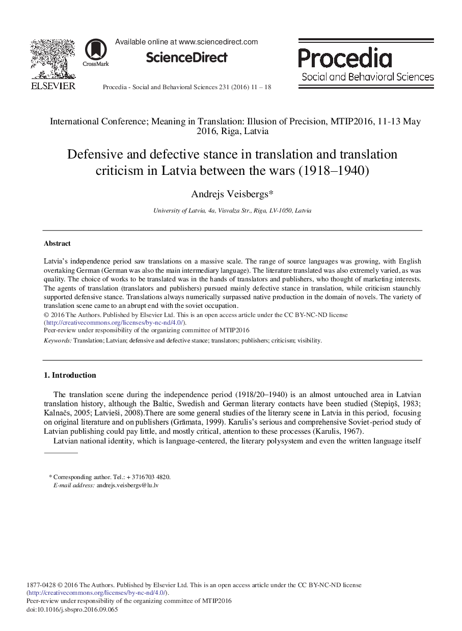 Defensive and Defective Stance in Translation and Translation Criticism in Latvia between the Wars (1918-1940)