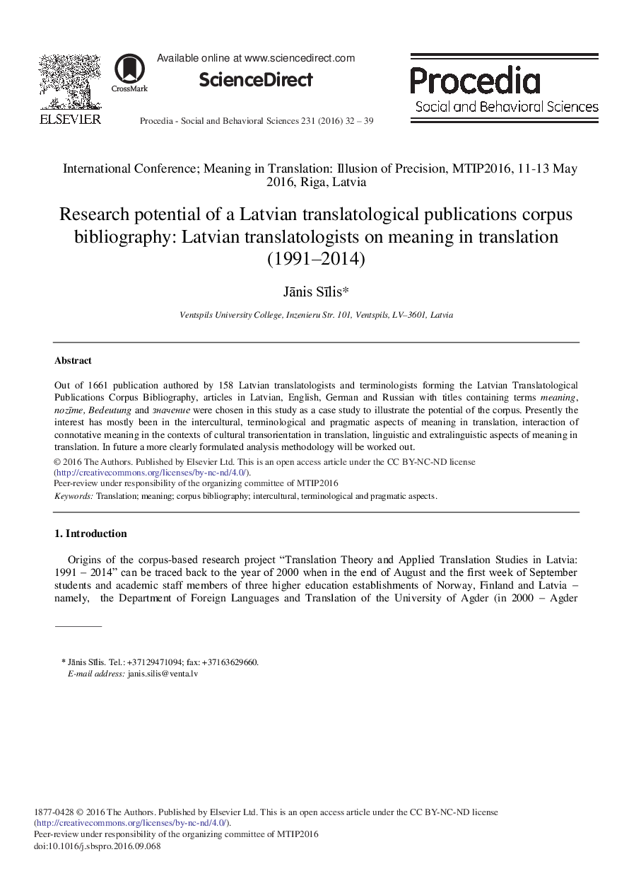 Research Potential of a Latvian Translatological Publications Corpus Bibliography: Latvian Translatologists on Meaning in Translation (1991-2014)