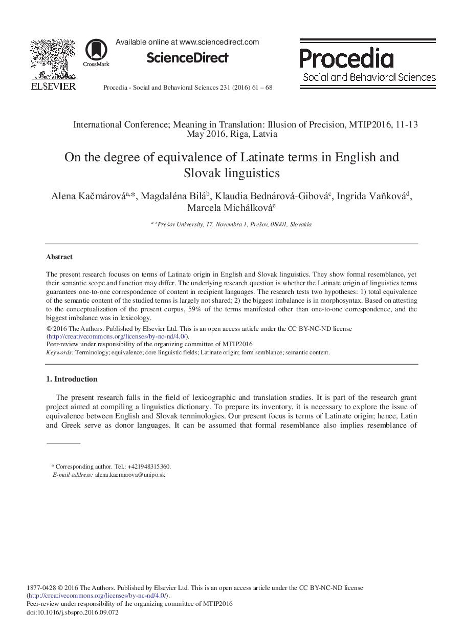 On the Degree of Equivalence of Latinate Terms in English and Slovak Linguistics