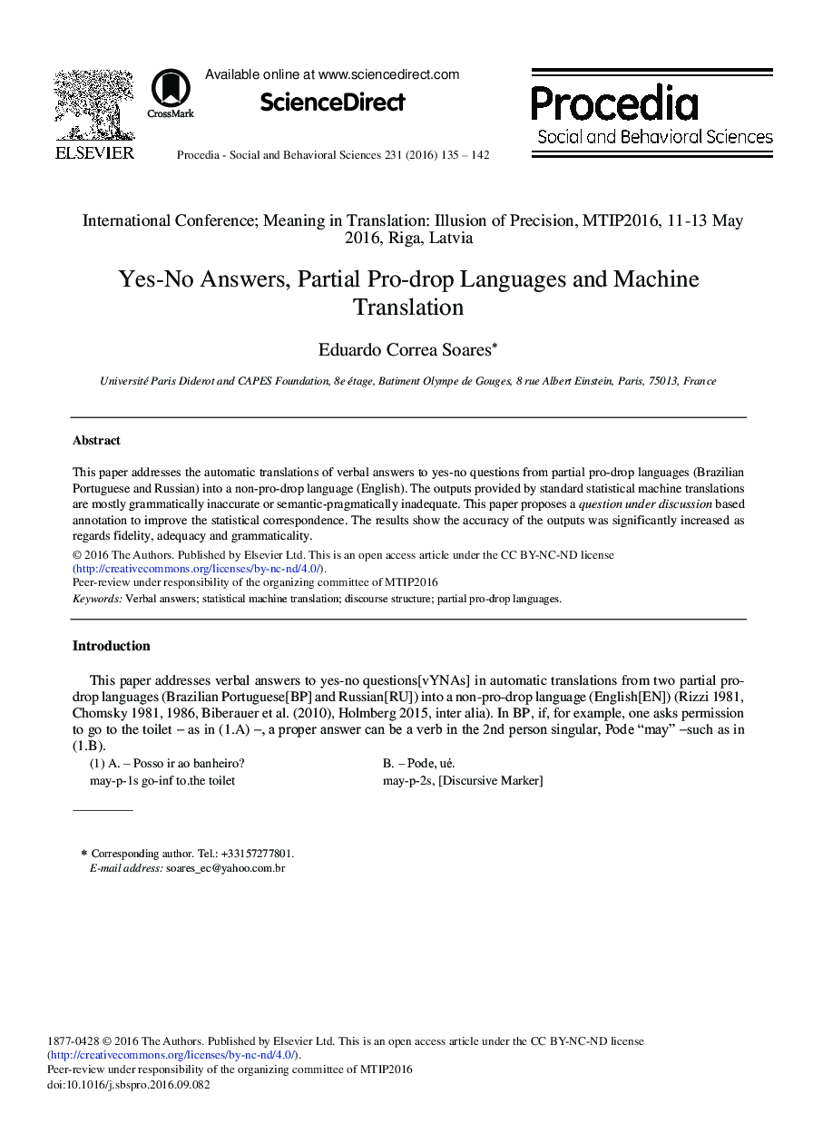 Yes-No Answers, Partial Pro-drop Languages and Machine Translation