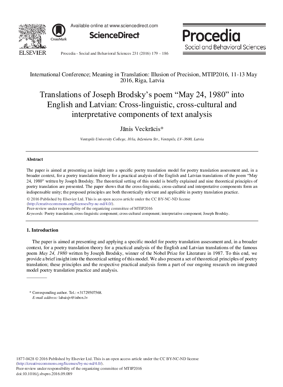 Translations of Joseph Brodsky's Poem “May 24, 1980” into English and Latvian: Cross-linguistic, Cross-cultural and Interpretative Components of Text Analysis