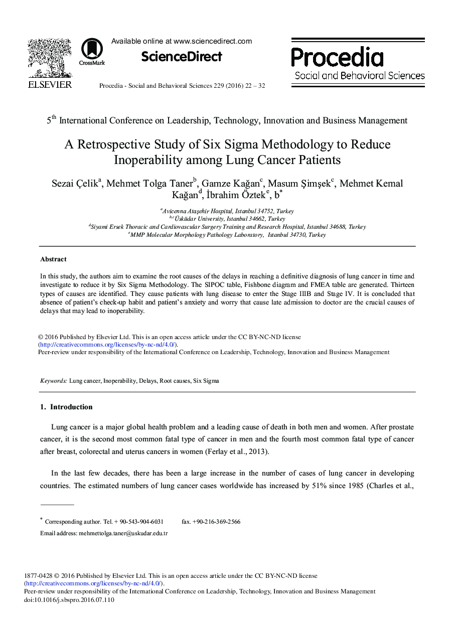 A Retrospective Study of Six Sigma Methodology to Reduce Inoperability among Lung Cancer Patients