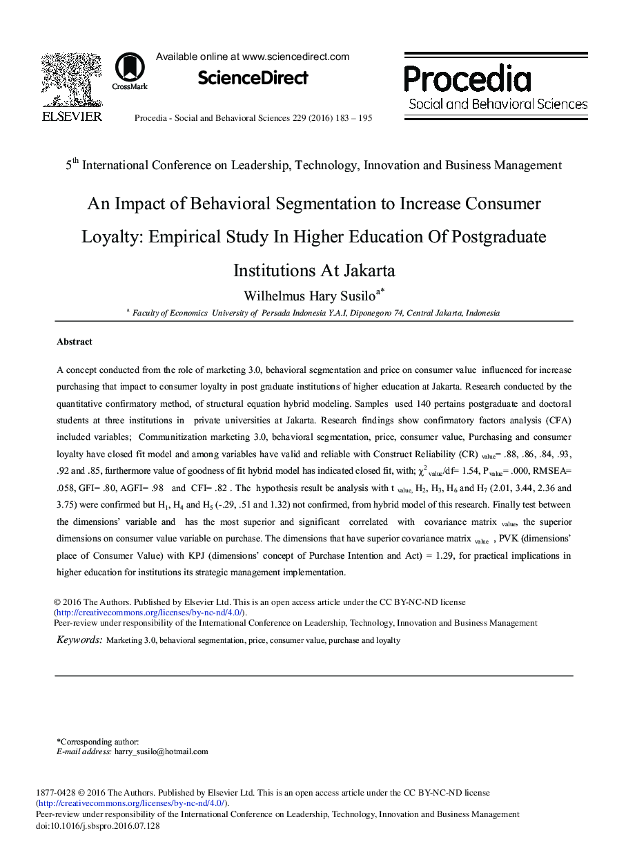 تأثیر تقسیم بندی رفتاری برای افزایش وفاداری مصرف کننده: مطالعه تجربی در آموزش عالی موسسات تحصیلات تکمیلی در جاکارتا 