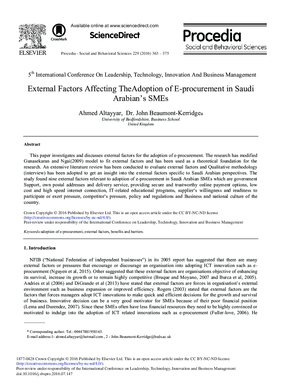 External Factors Affecting the Adoption of E-procurement in Saudi Arabian's SMEs