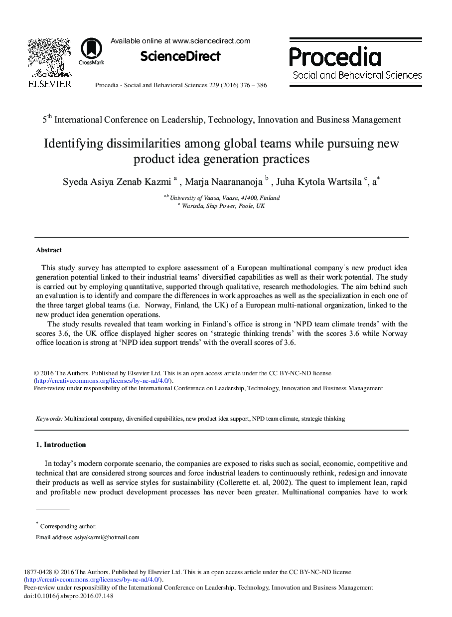 Identifying Dissimilarities among Global Teams while Pursuing New Product Idea Generation Practices