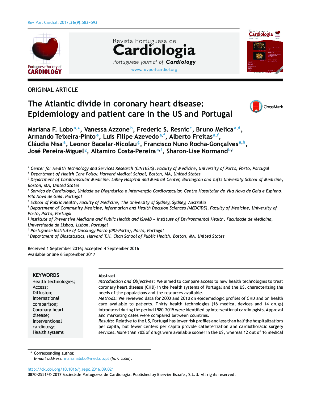 The Atlantic divide in coronary heart disease: Epidemiology and patient care in the US and Portugal