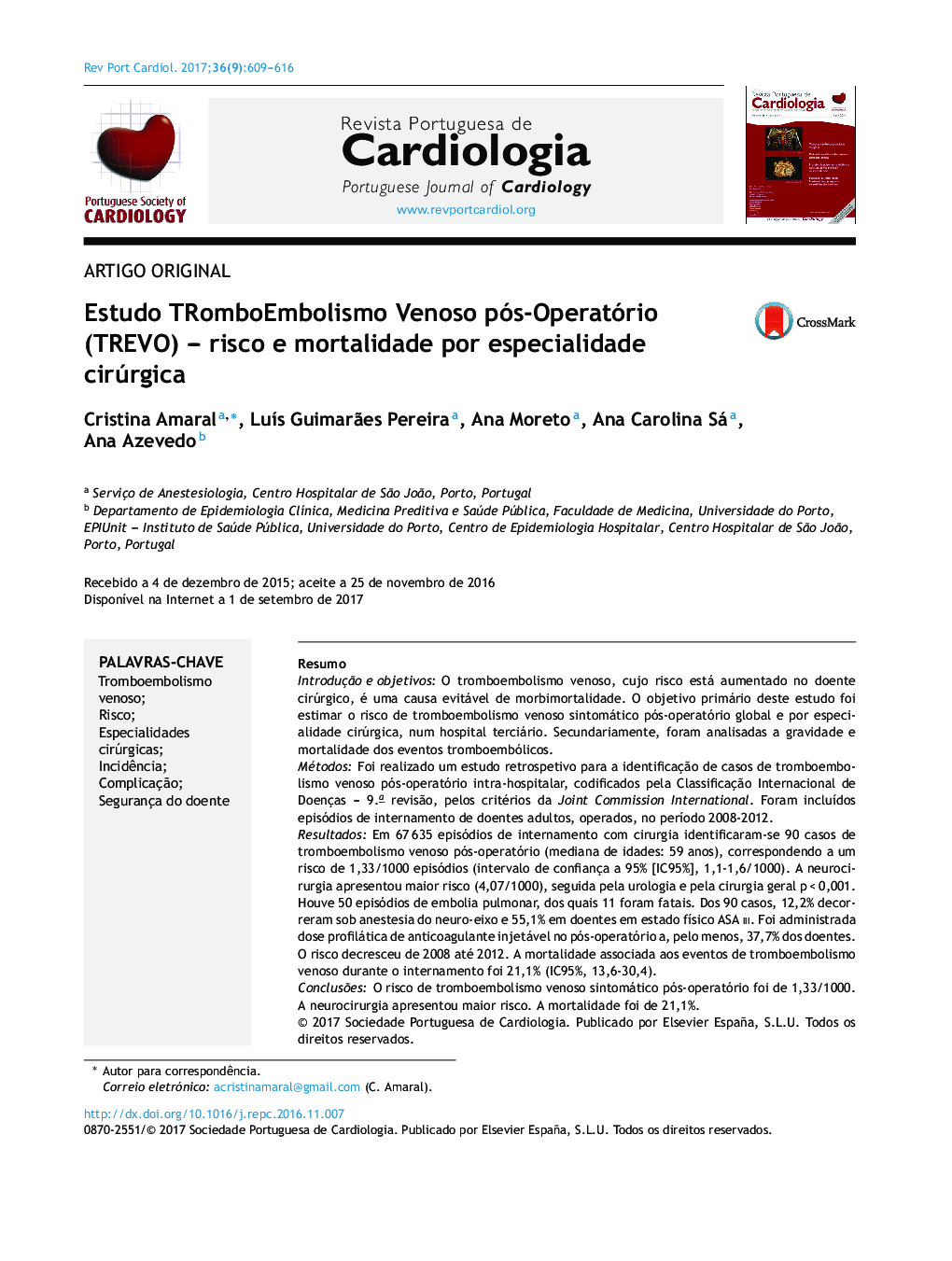 Estudo TRomboEmbolismo Venoso pósâOperatório (TREVO) - risco e mortalidade por especialidade cirúrgica