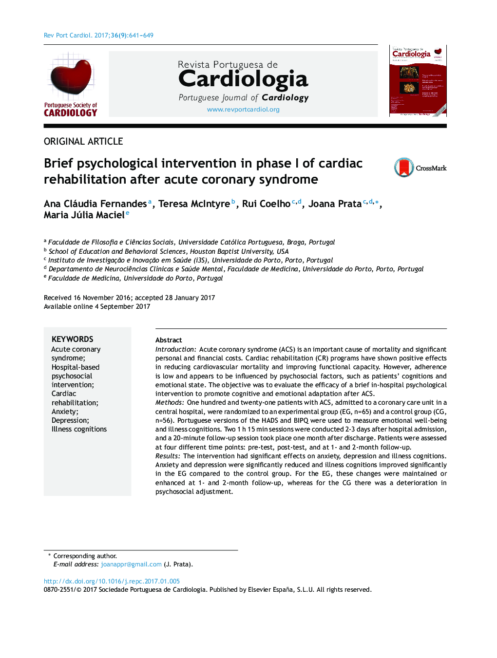 Brief psychological intervention in phase I of cardiac rehabilitation after acute coronary syndrome